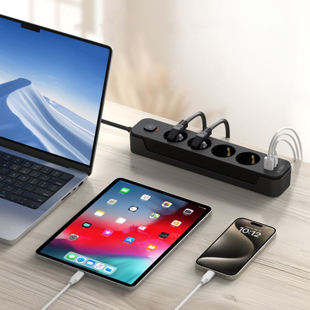 TECH-PROTECT LISTWA ZASILAJĄCA DO SMARTFONÓW 4 GNIAZDA 2 USB 1 TYPE-C 200CM