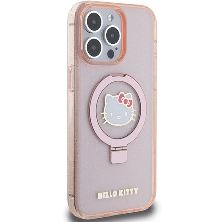 Etui Hello Kitty Ring Stand Glitter Electrop Logo MagSafe na iPhone 15 Pro Max - różowe