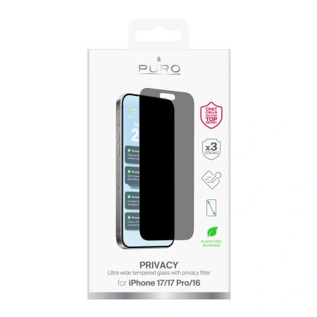 PURO SZKŁO HARTOWANE PRIVACY DO IPHONE 17 17 PRO 16 Z OCHRONĄ