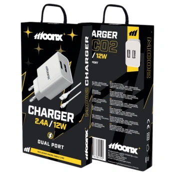 MOONX ładowarka sieciowa MC02 2.4A 12W 2xUSB + kabel Micro Biały