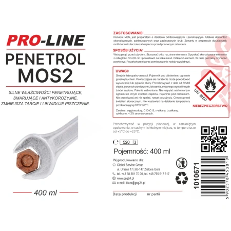 PRO-LINE ODRDZEWIACZ SPRAY 400ML PENETROL MoS2 DO OCHRONY MASZYN I SPRZĘTU