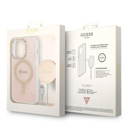 Guess zestaw ładowarka MagSafe + etui do iPhone 14 Pro 6,1" różowe 4G Print(GUBPP14LH4EACSP)