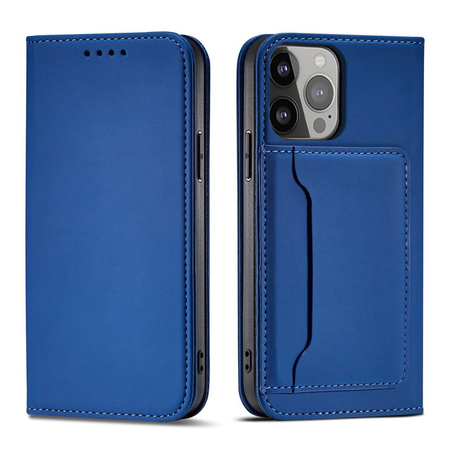 Magnet Card Case etui iPhone 14 pokrowiec z klapką portfel podstawka niebieskie