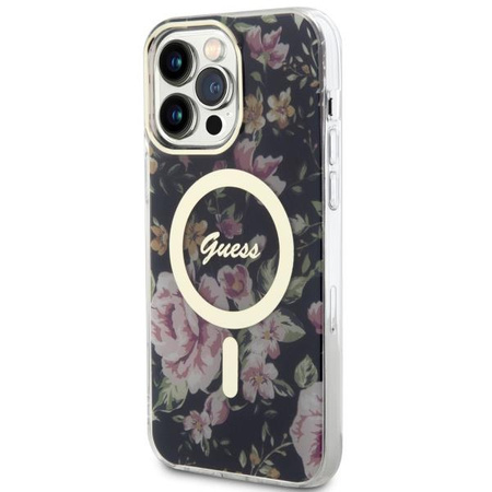 Etui Guess GUHMP14XHCFWSK na iPhone 14 Pro Max 6.7" - czarne Flower MagSafe