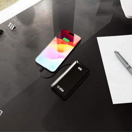 Powerbank SBS 10000 mAh 20W z wbudowanym kablem USB-C i wyświetlaczem cyfrowym - czarny