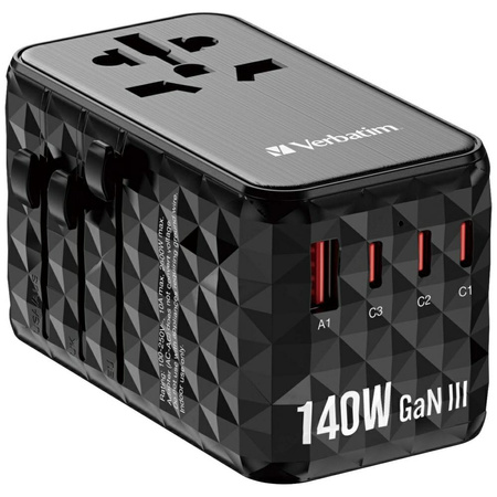 Verbatim Adapter podróżny EU/UK/US GaNUSB-A/3xUSB-C PD 140W UTA-10 czarny/black 32125