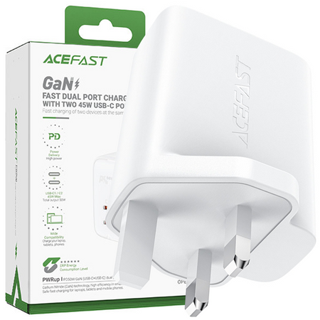 Acefast ładowarka GaN 65W 3 porty (1xUSB, 2xUSB C PD) wtyczka UK biała (A44)