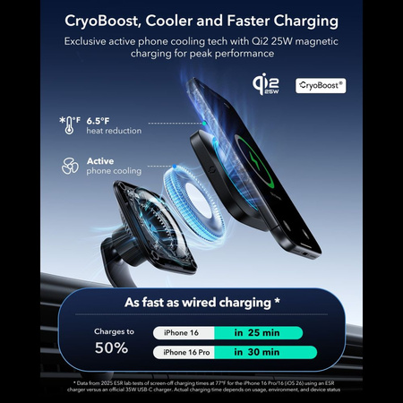 ESR OMNILOCK CRYOBOOST MAGNETIC MAGSAFE VENT CAR MOUNT WIRLESSS CHARGER 25W QI2.2 BLACK