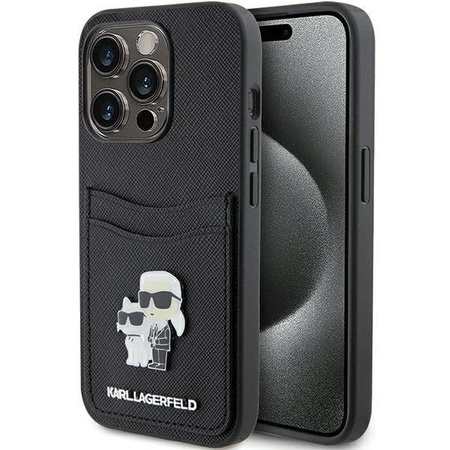 Etui Karl Lagerfeld Saffiano Cardslot Karl&Choupette Metal Pin do iPhone 15 Pro - czarne