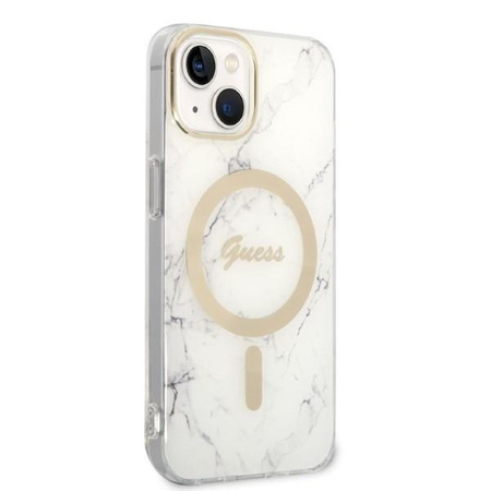 Guess zestaw ładowarka MagSafe + etui do iPhone 14 Plus 6,7" białe Marble (GUBPP14MHMEACSH)