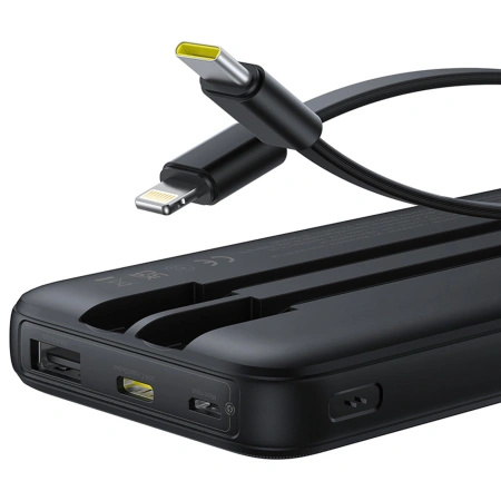 Powerbank Baseus Lipow 10000mAh 22.5W z podwójnym wbudowanym kablem z wyświetlaczem (z dodatkowym czarnym kablem Baseus Simple USB-A - USB-C 3A 0,2m) - czarny
