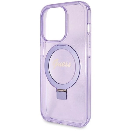Etui Guess Ring Stand Script Glitter MagSafe na iPhone 14 Pro - fioletowe