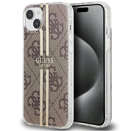 Etui Guess IML 4G Gold Stripe na iPhone 15 Plus / 14 Plus - brązowe