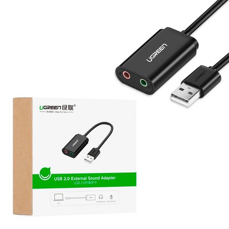 Ugreen zewnętrzna karta dźwiękowa muzyczna adapter USB - 3,5 mm mini jack 15cm czarny (30724)