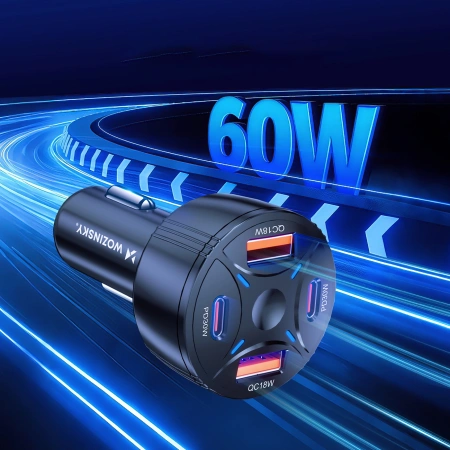 Ładowarka samochodowa Wozinsky WLS-04 60W 2xUSB-C 2xUSB-A - czarna
