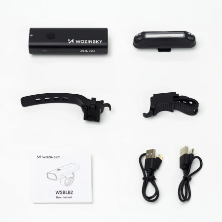 WOZINSKY ZESTAW LAMPEK ROWEROWYCH PRZEDNIA 400 LM USB-C TYLNA MICRO