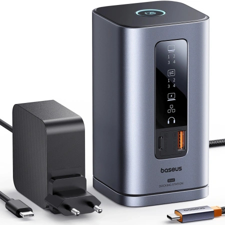 Stacja dokująca Baseus Spacemate RD1 hub 11w1 USB-C - 2xHDMI 4K@60Hz 2xDP 4K@60Hz 2xUSB-A 10Gb/s USB-C 10Gb/s RJ45 USB-A 480Mb/s USB-C PD mini jack 3.5mm ładowarka EU - szara