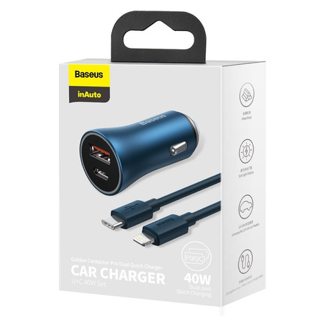 BASEUS ŁADOWARKA DO AUTA USB 40 W KABEL USB TYP C - LIGHTNING NIEBIESKI