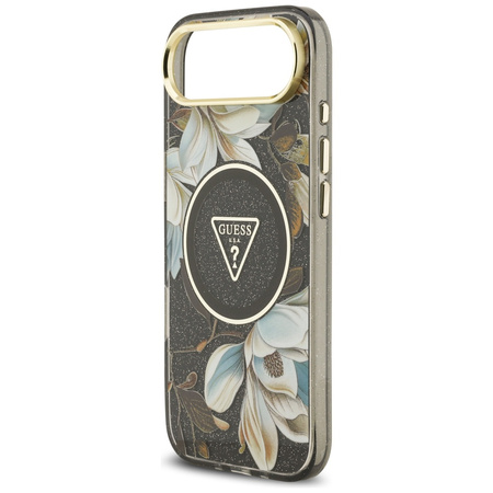Etui Guess IML Glitter Flowers Triangle  MagSafe do iPhone Air czarny
