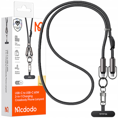 MCDODO SMYCZ DO TELEFONU NA SZYJE WKŁADKA CROSSBODY CZARNA KABEL USB-C 60W