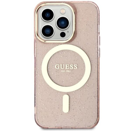 Etui Guess GUHMP14LHCMCGP na iPhone 14 Pro - różowe Glitter Gold MagSafe