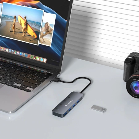 WOZINSKY HUB USB-A 4 PORTY 3.0 DO LAPTOPA KOMPUTERA Z INDYWIDUALNYMI