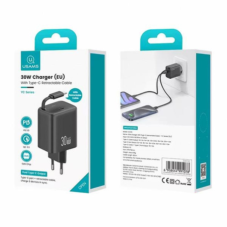 USAMS ŁADOWARKA 1xUSB-C ZE ZWIJANYM KABLEM DO TELEFONÓW APPLE 30W PD QC3.0