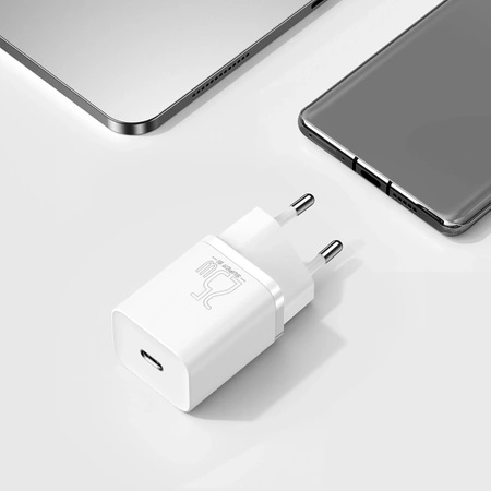 Szybka ładowarka sieciowa Baseus Si USB-C 25W 3A z kablem USB-C / USB-C 1m - biały