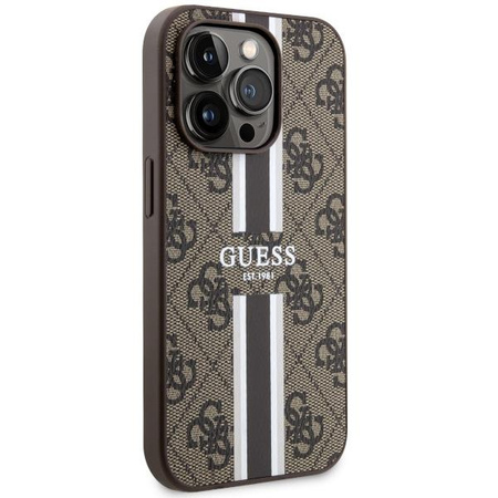 Etui Guess GUHMP14LP4RPSW na iPhone 14 Pro - brązowe 4G Printed Stripes MagSafe