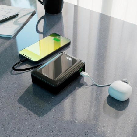 Powerbank SBS 20000 mAh 20 W z wbudowanym kablem USB-C i wyświetlaczem cyfrowym - czarny