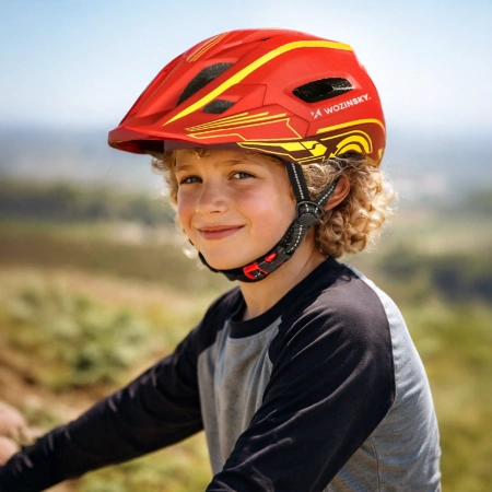 Kask rowerowy fullface dziecięcy Wozinsky z tylną lampką USB 52-56 cm - czerwono-żółty