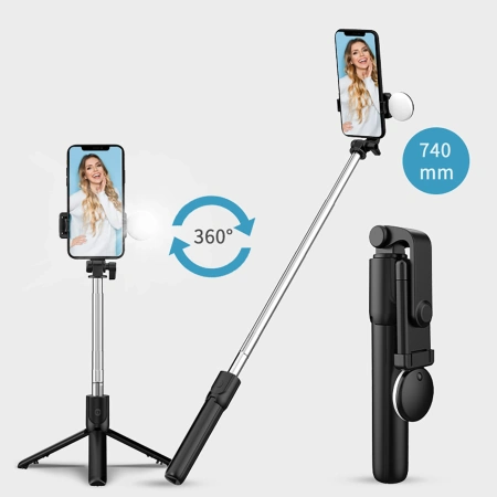 HURTEL SELFIE STICK TEELESKOPOWY TRIPOD Z OKRĄGŁĄ LAMPĄ DO TELEFONÓW 0.71M