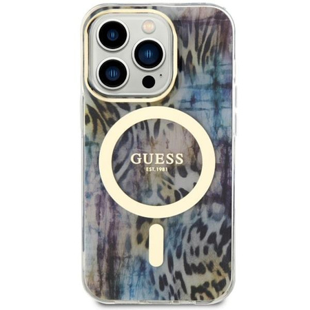 Etui Guess GUHMP14LHLEOPWB na iPhone 14 Pro - niebieskie Leopard MagSafe