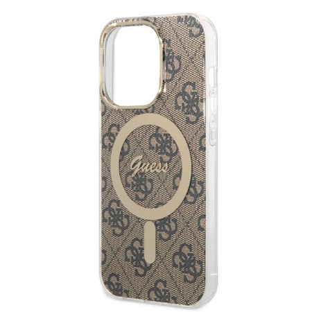 Zestaw Guess GUBPP14LH4EACSW Case+ Charger iPhone 14 Pro 6,1" brązowy/brown hard case 4G Print MagSafe