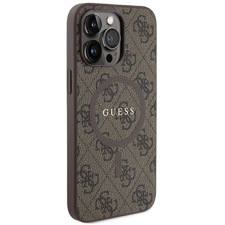 Etui Guess 4G Collection Leather Metal Logo MagSafe na iPhone 14 Pro - brązowe