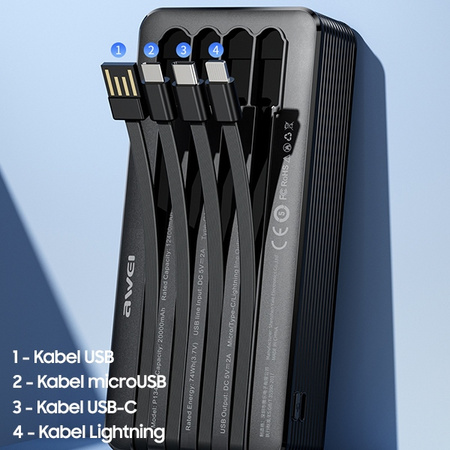 AWEI POWERBANK P134K 20000MAH DO TELEFONÓW Z WYŚWIETLACZEM USB PD Z