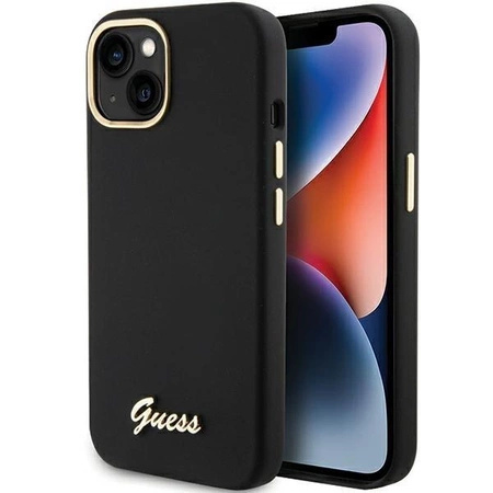 Etui Guess Silicone Script Metal Logo & Frame na iPhone 15 - czarne