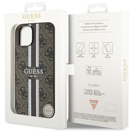 Etui Guess GUHMP14MP4RPSW na iPhone 14 Plus - brązowe 4G Printed Stripes MagSafe