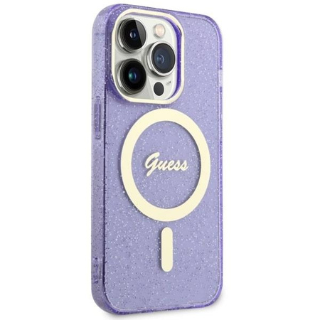 Etui Guess GUHMP14LHCMCGU na iPhone 14 Pro purpurowy/purple hardcase Glitter Gold MagSafe