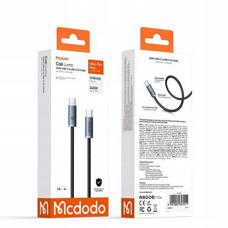 MCDODO KABEL USB-C USB-C SZYBKIE ŁADOWANIE USB TYP C 240W 1M LED CZARNY