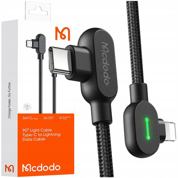 MCDODO KABEL KĄTOWY 90° USB-C LIGHTNING DWUSTRONNY DO IPHONE 13 14 LED 1M