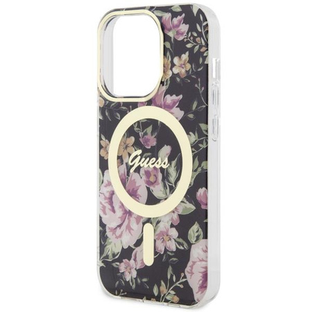 Etui Guess GUHMP14LHCFWSK na iPhone 14 Pro - czarne Flower MagSafe