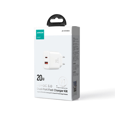 Szybka dwuportowa ładowarka sieciowa 20W USB-C / USB-A Joyroom JR-TCF05 - biała + kabel USB-C - Lightning 1m