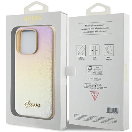 Etui Guess Saffiano Iridescent Script na iPhone 14 Pro Max - złote