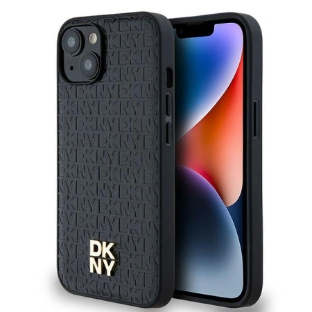 DKNY ETUI HARDCASE DO IPHONE 14 15 13 LEATHER MONOGRAM METAL LOGO