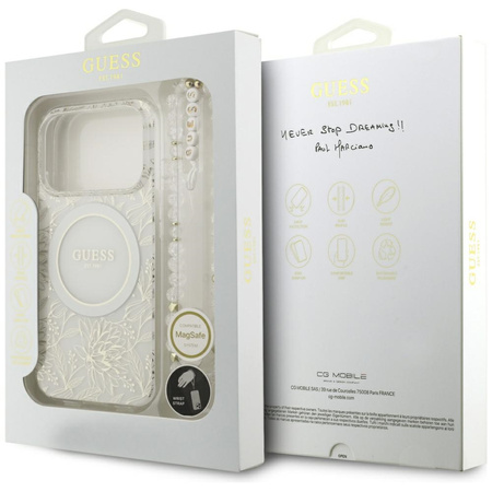 Etui Guess IML Flowers Electro Pearl     Strap MagSafe do iPhone 17 Pro biały