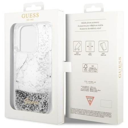 Etui Guess GUHCP14LLCSGSGH na iPhone 14 Pro - białe Liquid Glitter Marble
