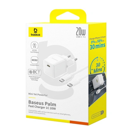 BASEUS ŁADOWARKA SIECIOWA PALM 1C 20W Z KABLEM USB-C 60W DO IPHONE 12 13