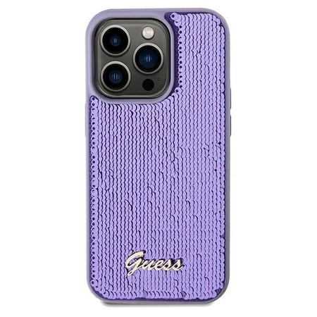 Etui Guess Sequin Script Metal na iPhone 14 Pro - fioletowe