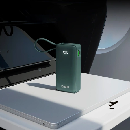 Powerbank SBS 10000 mAh 20W z wbudowanym kablem USB-C i wyświetlaczem cyfrowym - szary